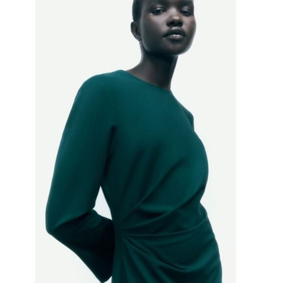 Zara Green Long Sleeve Dress Side Ruched Midi Dresz, NWT, M - Picture 5 of 15